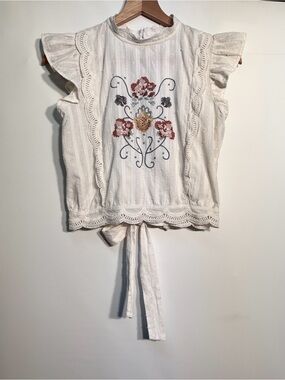 mine Ivory Cross Stitched Ruffle Tie-Back Blouse
